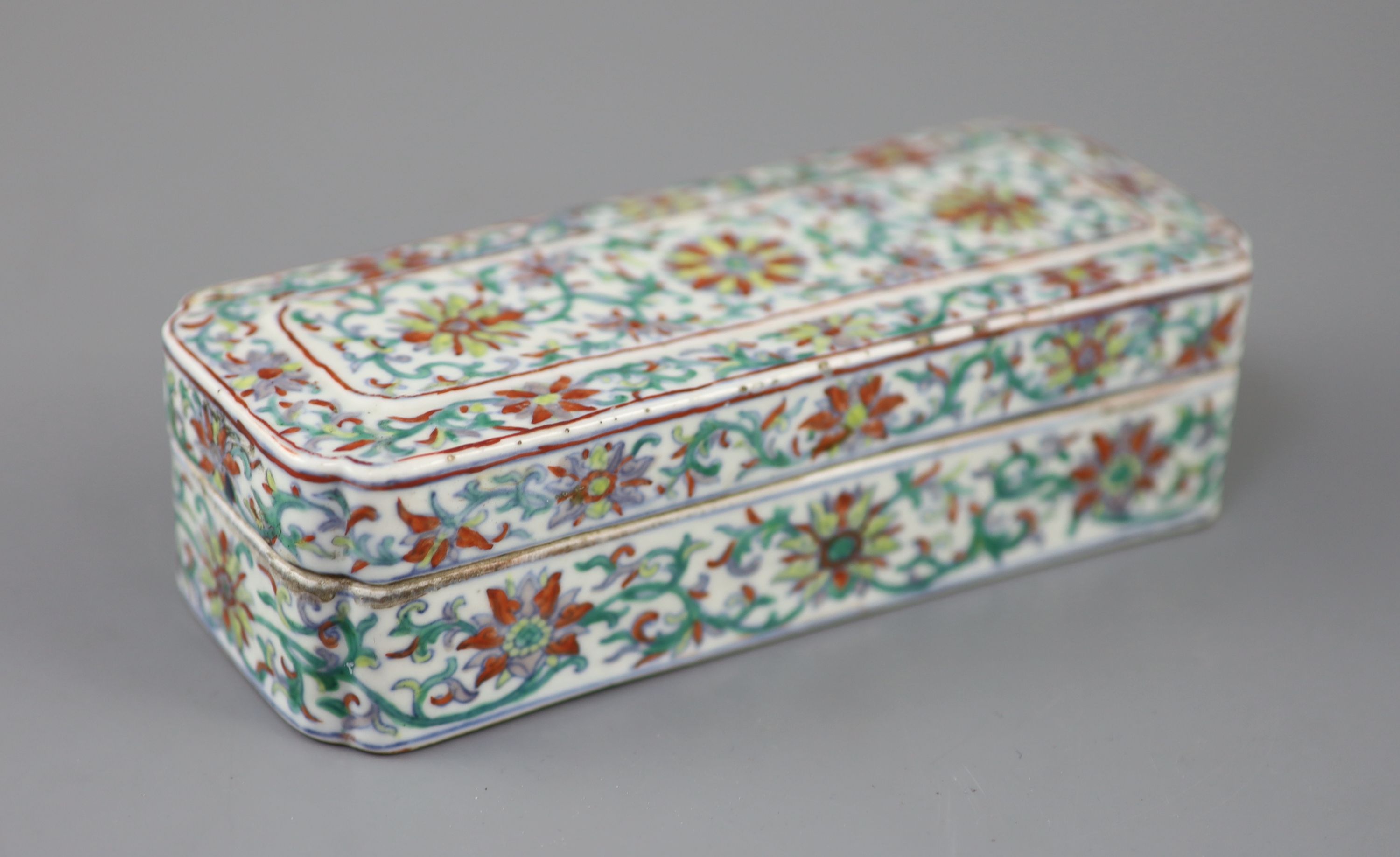 A unusual Chinese doucai scribes box, Qing dynasty, 18cm long